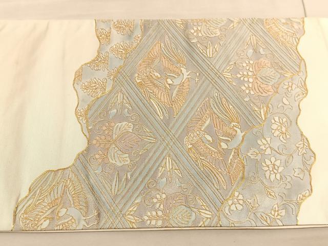 平和屋着物◎西陣 太鼓柄袋帯 総駒刺繍 向かい鳳凰桐花文 金糸 引箔 証紙付き 正絹 逸品 BAAV3355hv