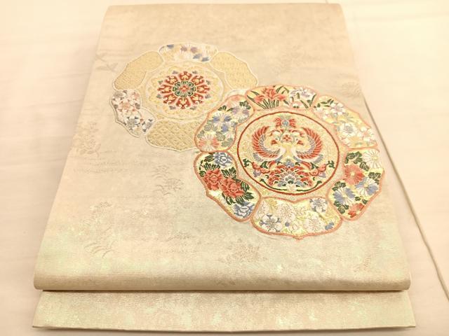 平和屋着物◎太鼓柄袋帯 唐織 向かい鳳凰花絵皿文 金糸 正絹 逸品 BAAV3372hv