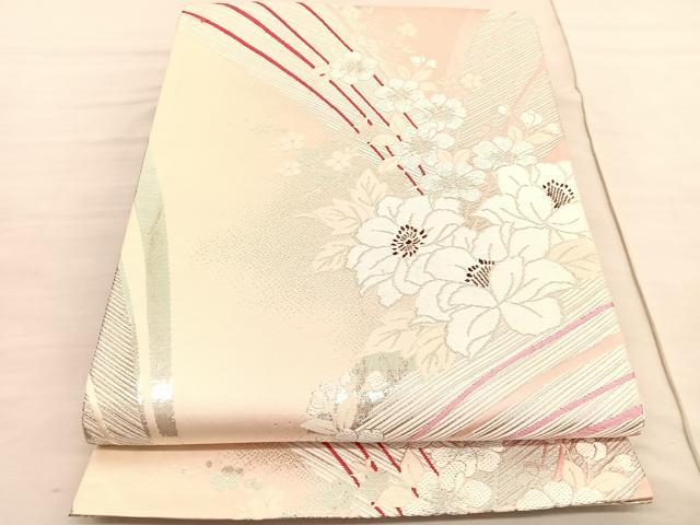 平和屋着物◎両面 全通柄袋帯 唐織 草花文 銀糸 正絹 逸品 BAAV3521hv