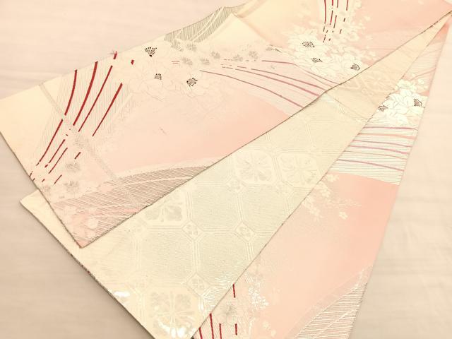 平和屋着物◎両面 全通柄袋帯 唐織 草花文 銀糸 正絹 逸品 BAAV3521hv