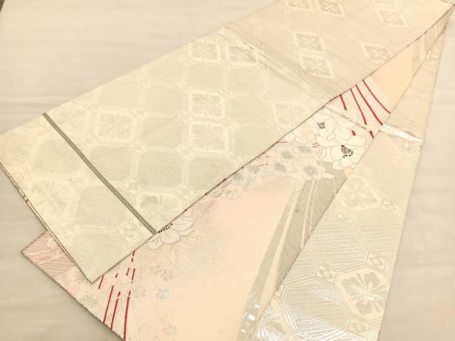 平和屋着物◎両面 全通柄袋帯 唐織 草花文 銀糸 正絹 逸品 BAAV3521hv