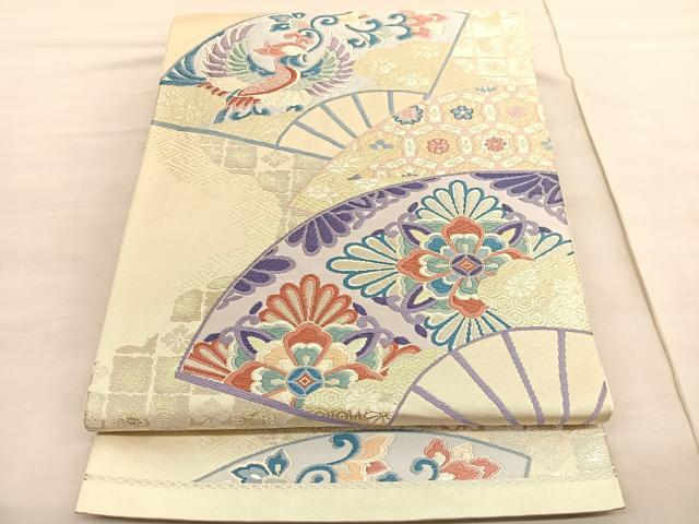 平和屋着物◎六通柄袋帯 唐織 花喰い鳳凰扇面花文 金銀糸 正絹 逸品 BAAV3562hv