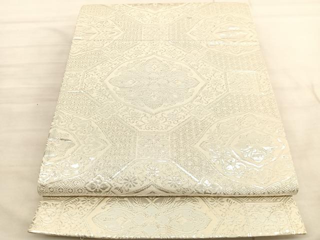 平和屋着物◎六通柄袋帯 菱天井花文 銀糸 正絹 逸品 BAAV3570hv