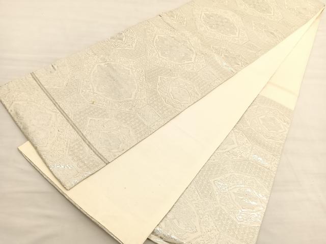 平和屋着物◎六通柄袋帯 菱天井花文 銀糸 正絹 逸品 BAAV3570hv