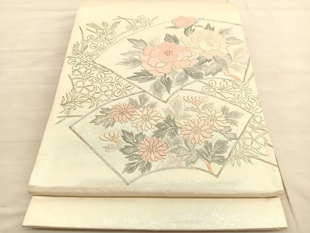 正絹 袋帯 【花文様 刺繍 淡色】 平和屋着物◎太鼓柄袋帯 総刺繍 駒刺繍 地紙花文 引箔