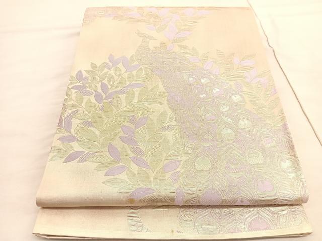 平和屋着物◎六通柄袋帯 孔雀枝葉文 銀糸 正絹 逸品 BAAV3747hv
