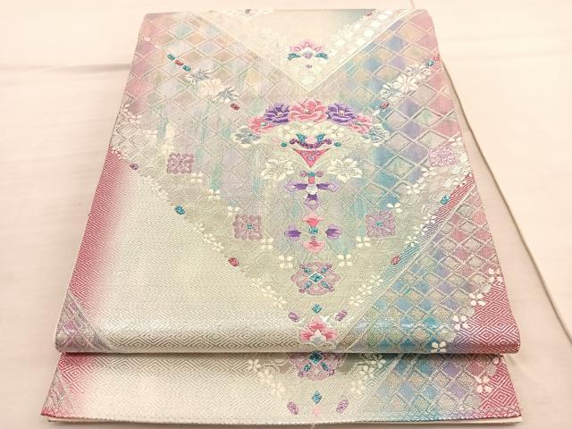 平和屋着物◎六通柄袋帯 唐織 飾花文 銀糸 正絹 逸品 BAAV3753hv
