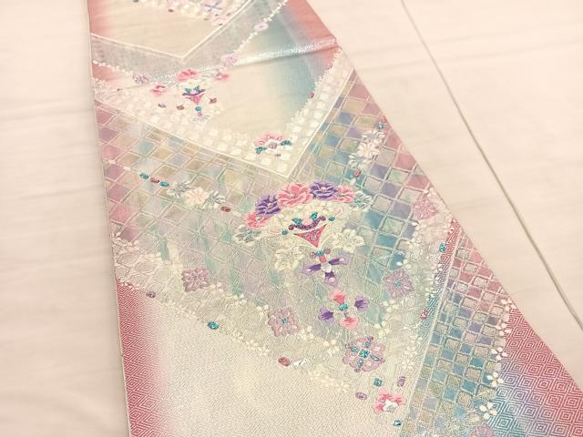 平和屋着物◎六通柄袋帯 唐織 飾花文 銀糸 正絹 逸品 BAAV3753hv