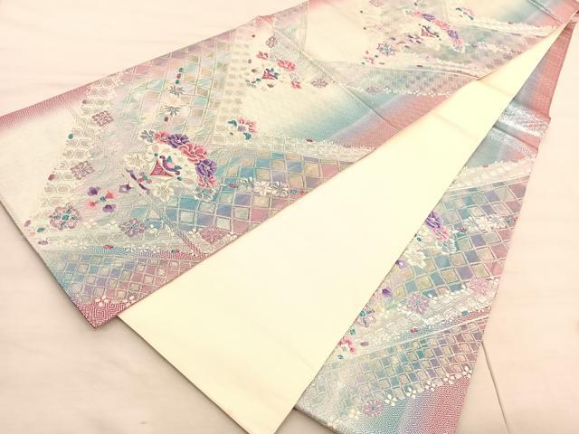 平和屋着物◎六通柄袋帯 唐織 飾花文 銀糸 正絹 逸品 BAAV3753hv