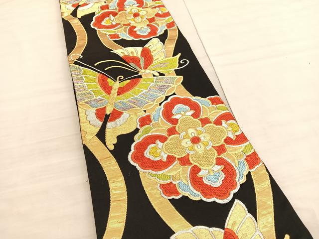 平和屋着物◎六通柄袋帯 唐織 立涌花蝶文 黒地 金銀糸 正絹 逸品 BAAV3770hv