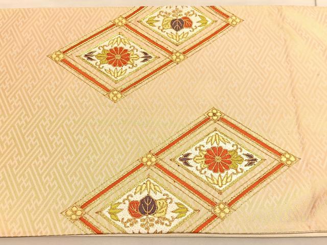平和屋着物◎太鼓柄袋帯 駒刺繍 雲取り菱天井花文 金糸 正絹 逸品 BAAV3818hv