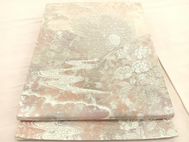 平和屋着物◎六通柄袋帯 彩京錦 孔雀花文 プラチナ箔二重引 正絹 逸品 BAAV3848hv