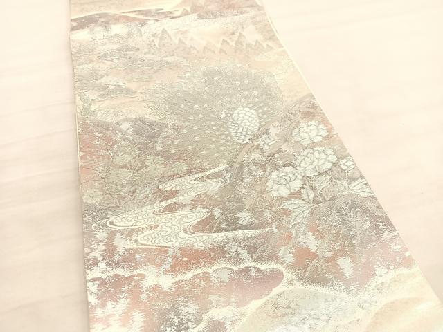 平和屋着物◎六通柄袋帯 彩京錦 孔雀花文 プラチナ箔二重引 正絹 逸品 BAAV3848hv