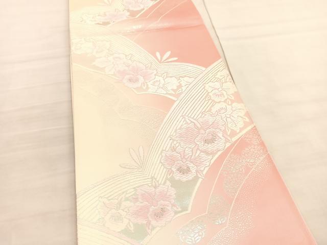 平和屋着物◎六通柄袋帯 唐織 カトレア若松葉文 銀糸 正絹 逸品 BAAV3906hv