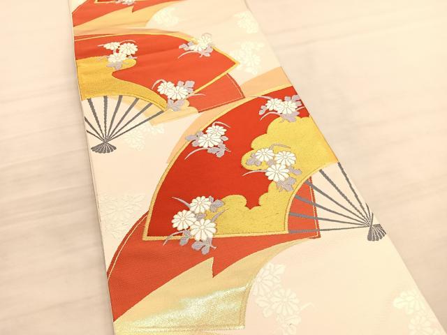 平和屋着物◎六通柄袋帯 唐織 扇面花文 金糸 正絹 逸品 BAAV3959hv