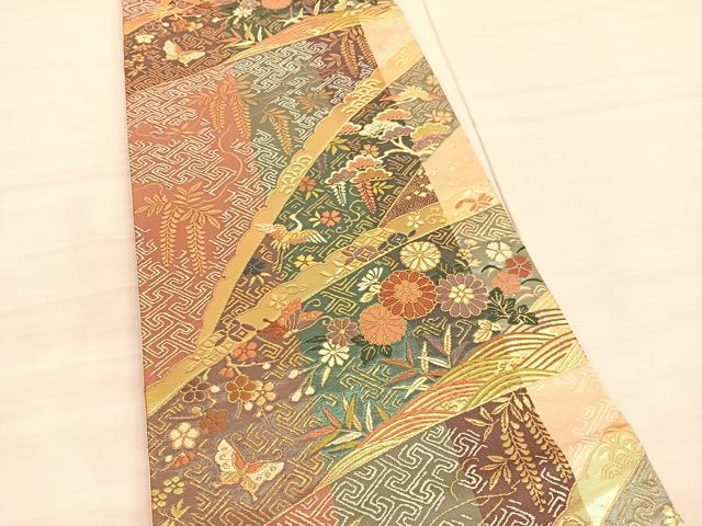 平和屋着物◎六通柄袋帯 唐織 立波飛鶴花蝶文 金糸 正絹 逸品 BAAV3983hv
