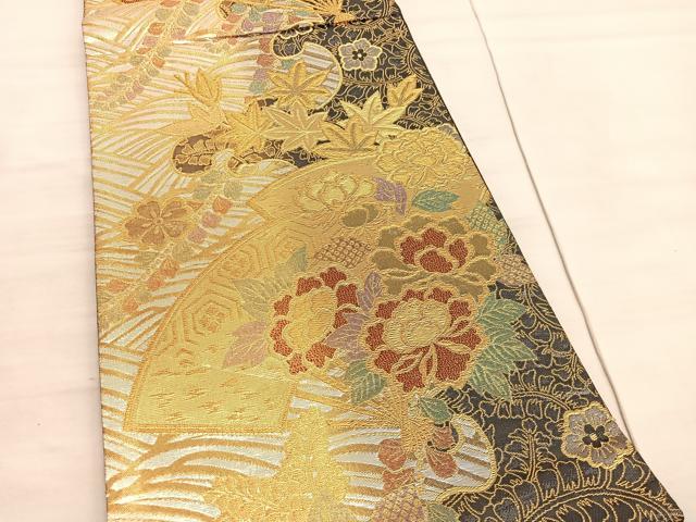 平和屋着物◎六通柄袋帯 立波扇面花文 金銀糸 正絹 逸品 BAAV3985hv
