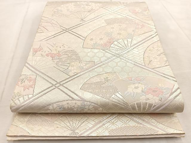 平和屋着物◎六通柄袋帯 唐織 扇面花文 銀糸 正絹 逸品 BAAV4003yc