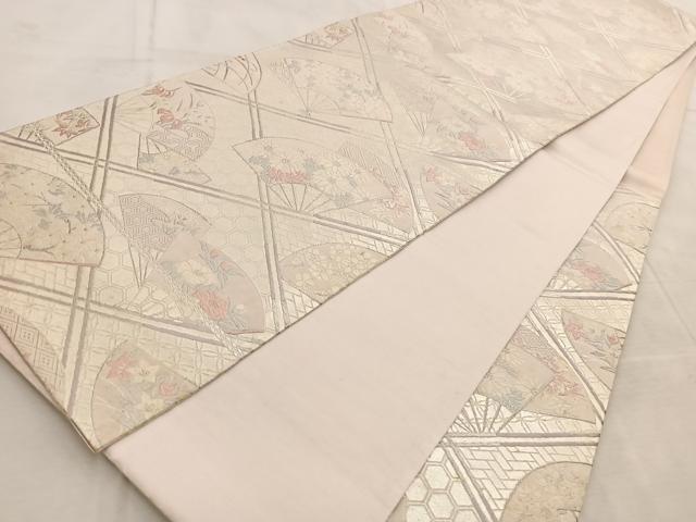 平和屋着物◎六通柄袋帯 唐織 扇面花文 銀糸 正絹 逸品 BAAV4003yc