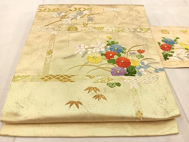 平和屋着物◎九寸名古屋帯 刺繍 秋草文 金銀糸 正絹 逸品 BAAV4058yc
