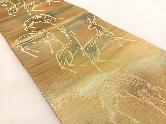 平和屋着物◎六通柄袋帯 鹿 金糸 引箔 正絹 逸品 BAAV4130yc