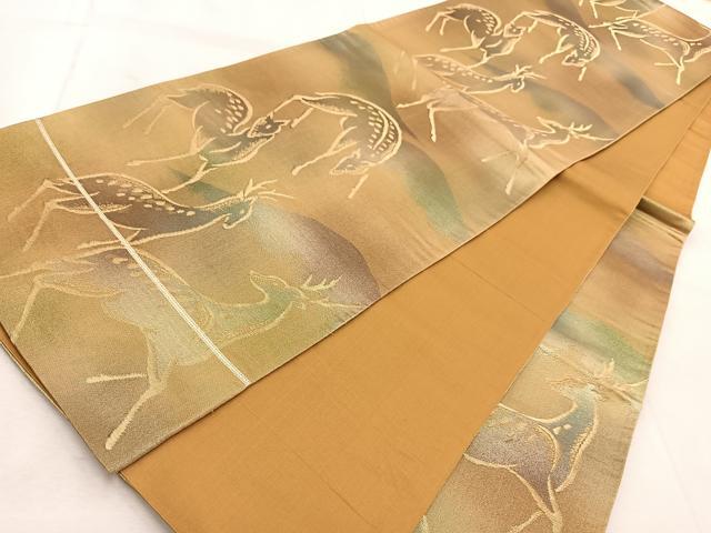 平和屋着物◎六通柄袋帯 鹿 金糸 引箔 正絹 逸品 BAAV4130yc