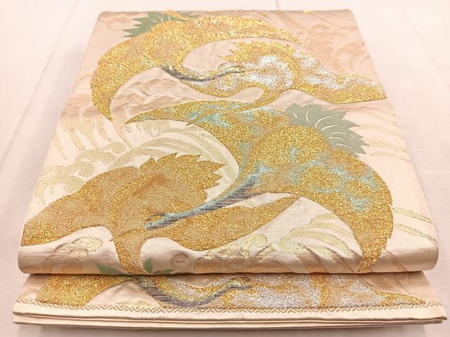平和屋着物◎六通柄袋帯 飛鶴立波文 金銀糸 正絹 逸品 BAAV4132yc