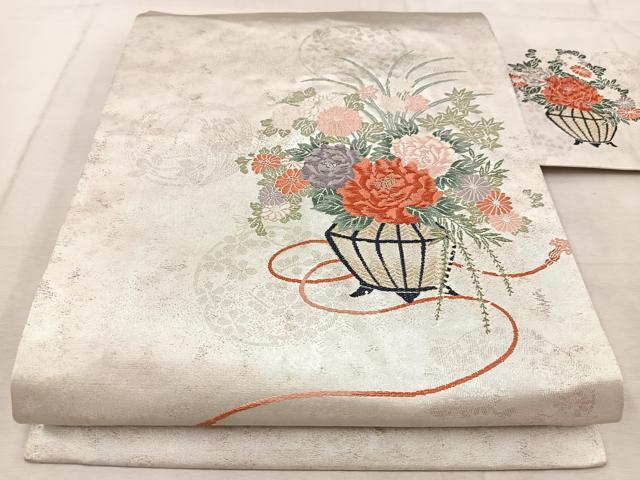平和屋着物◎九寸名古屋帯 唐織 飾花文 銀糸 引箔 正絹 逸品 BAAV4174yc