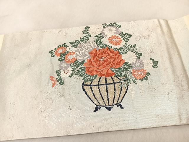 平和屋着物◎九寸名古屋帯 唐織 飾花文 銀糸 引箔 正絹 逸品 BAAV4174yc