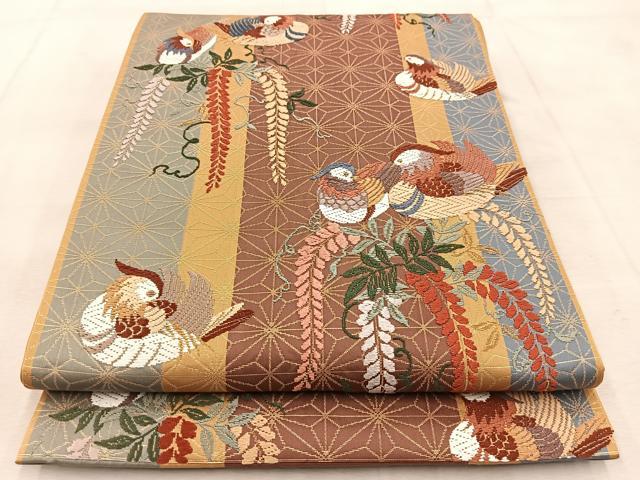 平和屋着物●六通柄袋帯 唐織 麻地紋鴛鴦文様 金糸 正絹 逸品 BAAV4181yc