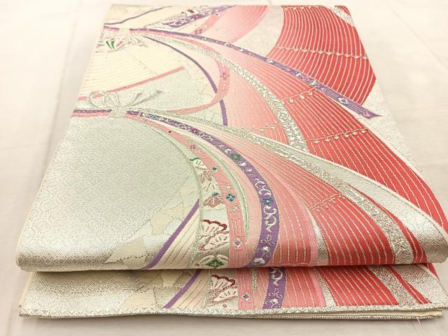 平和屋着物◎六通柄袋帯 唐織 束ね熨斗吉祥花文 銀糸 正絹 逸品 BAAV4215yc