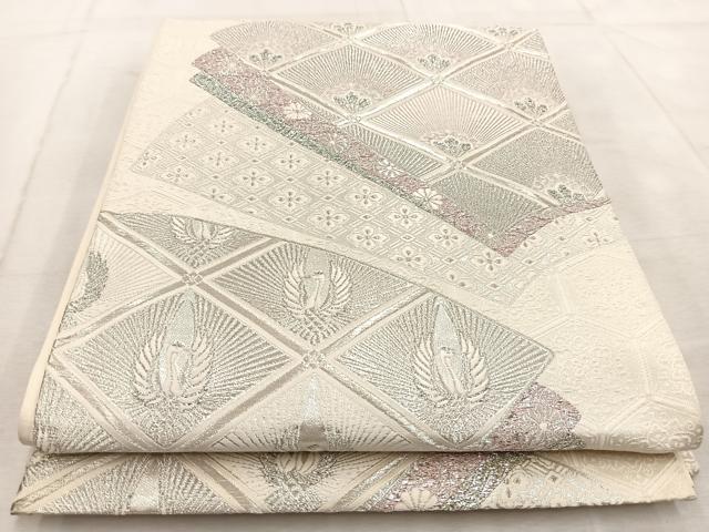 平和屋着物◎六通柄袋帯 唐織 地紙取飛鶴松花文 銀糸 正絹 逸品 BAAV4220yc