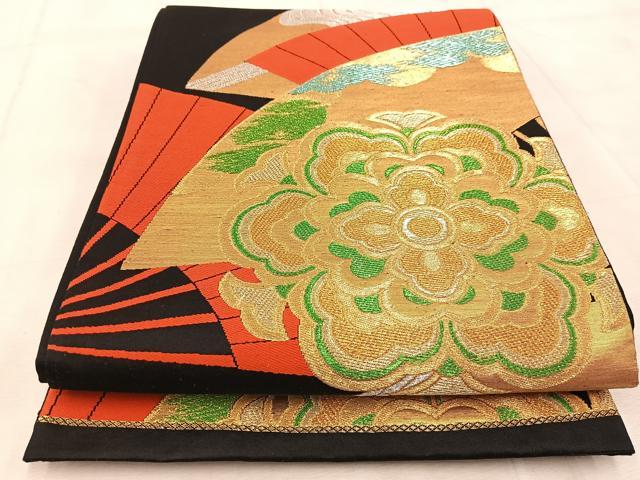 平和屋着物◎六通柄袋帯 扇面花文 黒地 金銀糸 正絹 逸品 BAAV4236yc