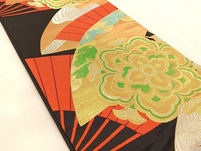 平和屋着物◎六通柄袋帯 扇面花文 黒地 金銀糸 正絹 逸品 BAAV4236yc