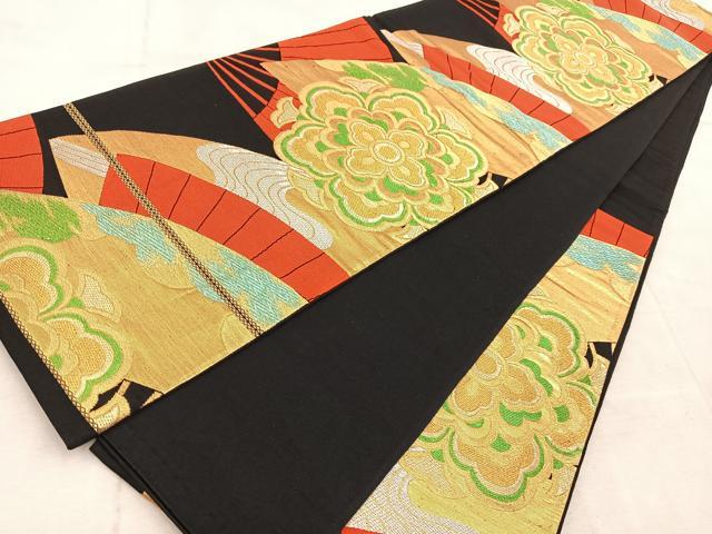 平和屋着物◎六通柄袋帯 扇面花文 黒地 金銀糸 正絹 逸品 BAAV4236yc