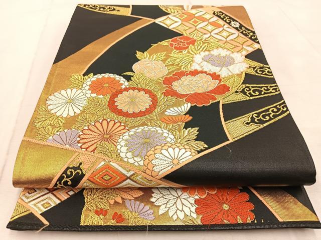 平和屋着物●六通柄袋帯 唐織 能衣錦 扇面花文 黒地 金糸 正絹 逸品 BAAV4238yc