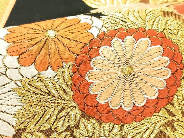 平和屋着物●六通柄袋帯 唐織 能衣錦 扇面花文 黒地 金糸 正絹 逸品 BAAV4238yc