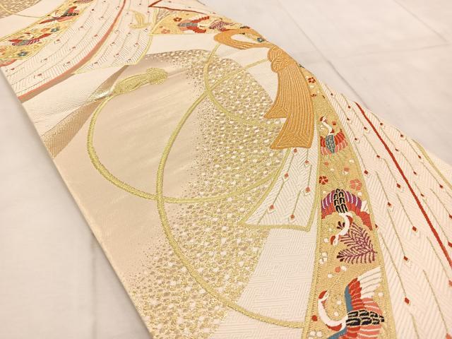 平和屋着物◎六通柄袋帯 唐織 束ね熨斗花鳥文 金糸 正絹 逸品 BAAV4257yc