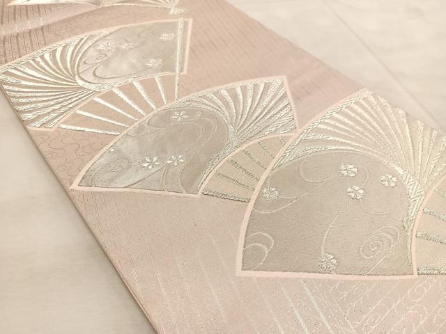 平和屋着物◎六通柄袋帯 扇面桜楓文 銀糸 正絹 逸品 BAAV4275yc