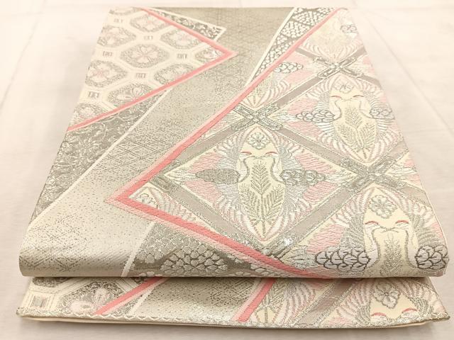 平和屋着物◎六通柄袋帯 唐織 プラチナ箔 双鶴花文 正絹 逸品 BAAV4452yc