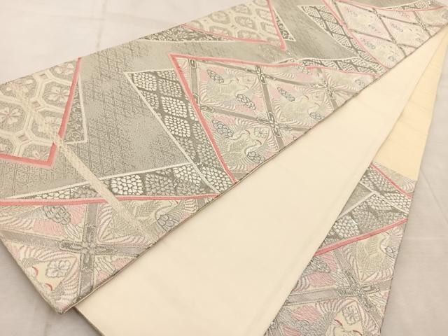 平和屋着物◎六通柄袋帯 唐織 プラチナ箔 双鶴花文 正絹 逸品 BAAV4452yc