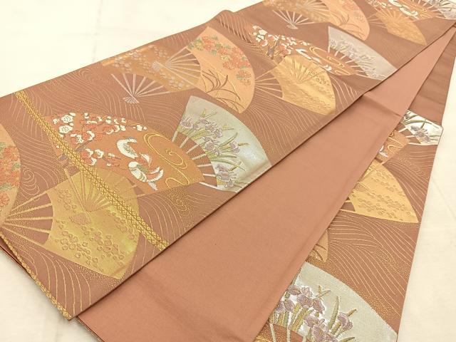 平和屋着物◎六通柄袋帯 唐織 扇面花鳥文 金銀糸 正絹 逸品 BAAV4461yc