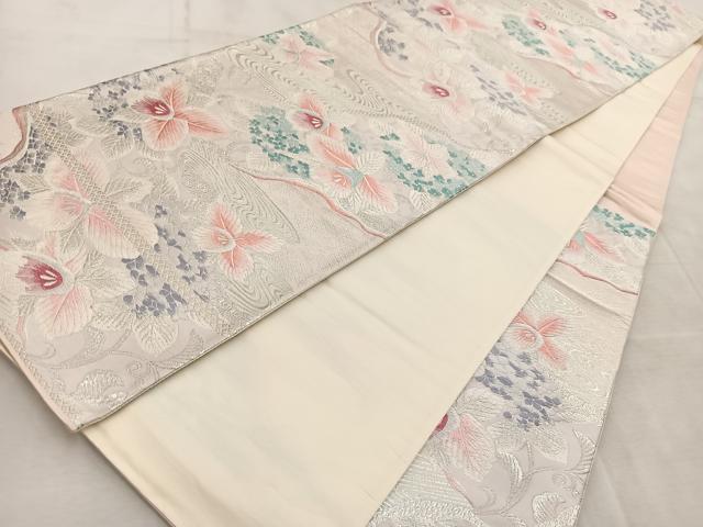 平和屋着物◎六通柄袋帯 唐織 流水カトレア文 銀糸 正絹 逸品 BAAV4475yc