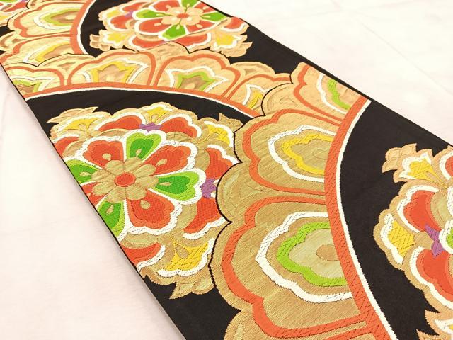 平和屋着物◎六通柄袋帯 唐織 花青海波 黒地 金糸 正絹 逸品 BAAV4497yc