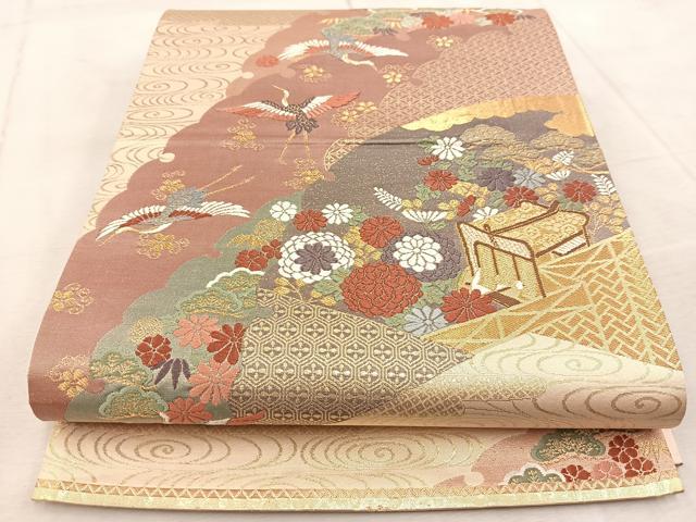 平和屋着物◎六通柄袋帯 唐織 本うるし箔 飛鶴御所車花文 正絹 逸品 BAAV4499yc