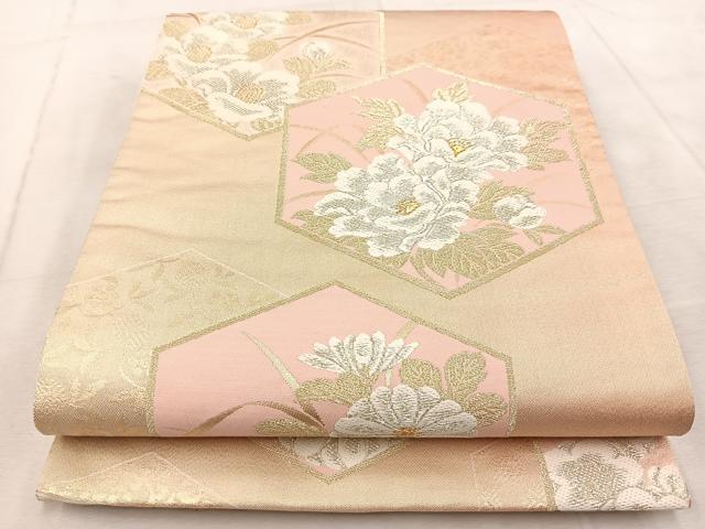 平和屋着物◎六通柄袋帯 唐織 亀甲花文 金銀糸 正絹 逸品 BAAV4505yc