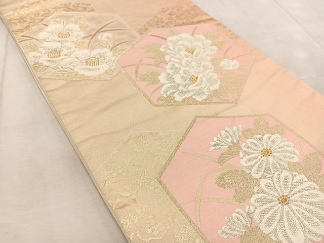 平和屋着物◎六通柄袋帯 唐織 亀甲花文 金銀糸 正絹 逸品 BAAV4505yc