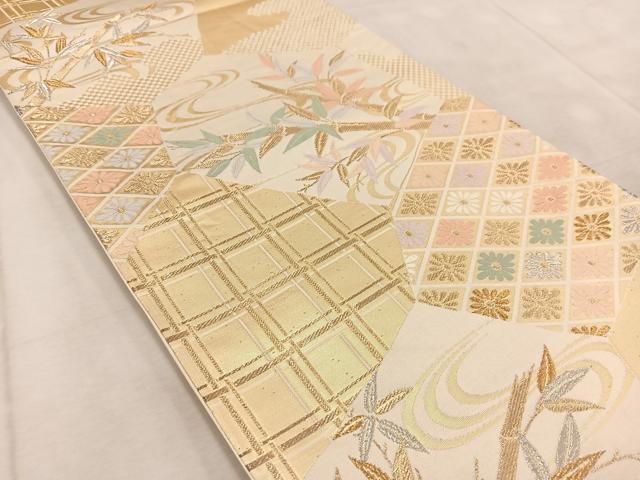 平和屋着物◎六通柄袋帯 唐織 切嵌竹花文 金銀糸 正絹 逸品 BAAV4526yc