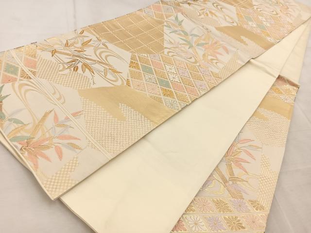 平和屋着物◎六通柄袋帯 唐織 切嵌竹花文 金銀糸 正絹 逸品 BAAV4526yc