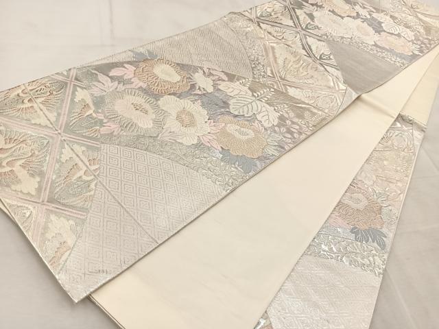 平和屋着物◎六通柄袋帯 唐織 地紙双鶴花文 銀糸 正絹 逸品 BAAV4530yc